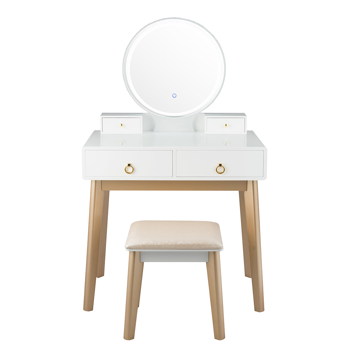 Makeup vanity table set with round illuminated mirror, white drawers, and beige upholstered stool