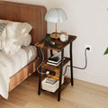 Rustic side table with dark metal frame, 3-tier shelves, and built-in charging.