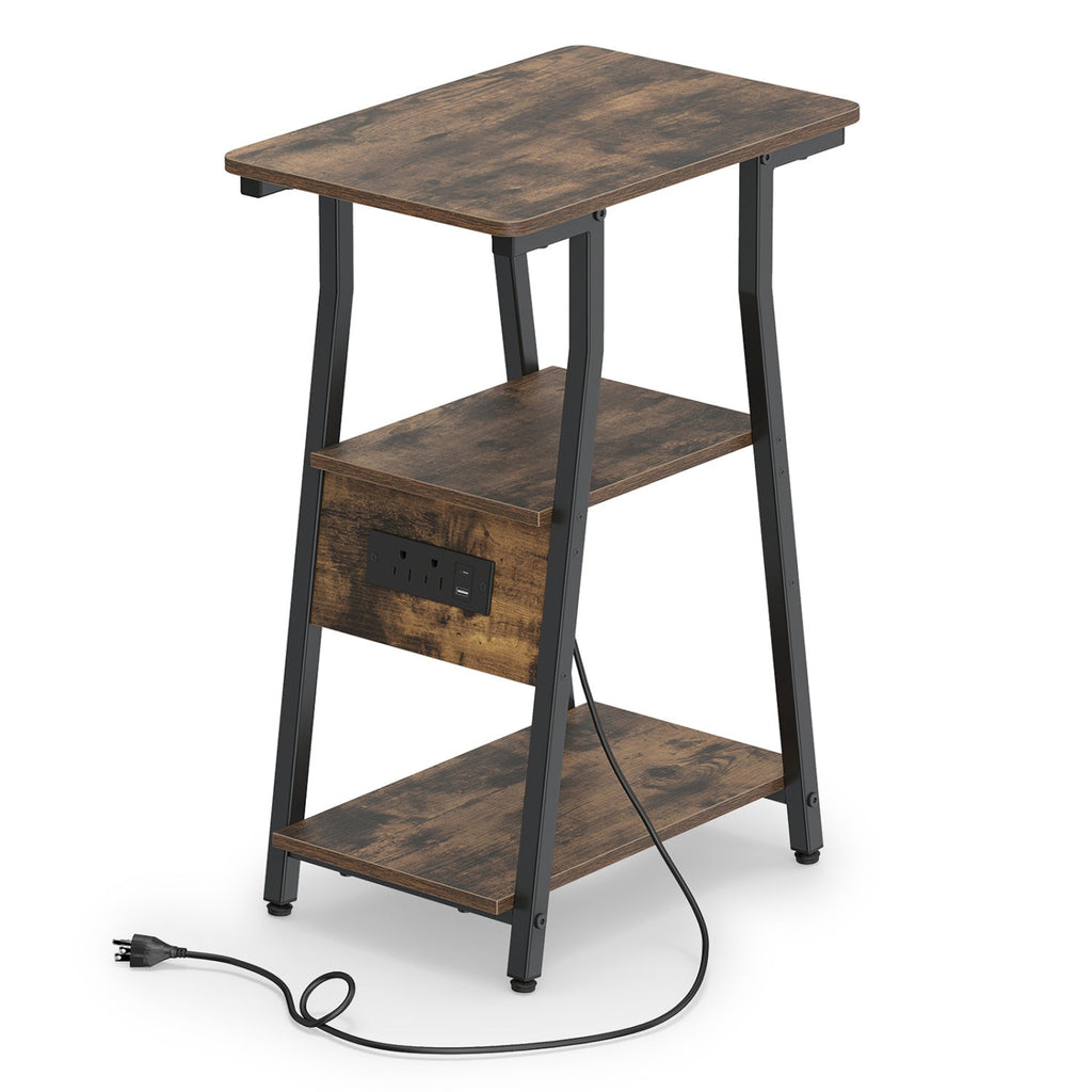 Industrial side table with rustic tabletop, dark legs, 3-tier shelves, and power cord.