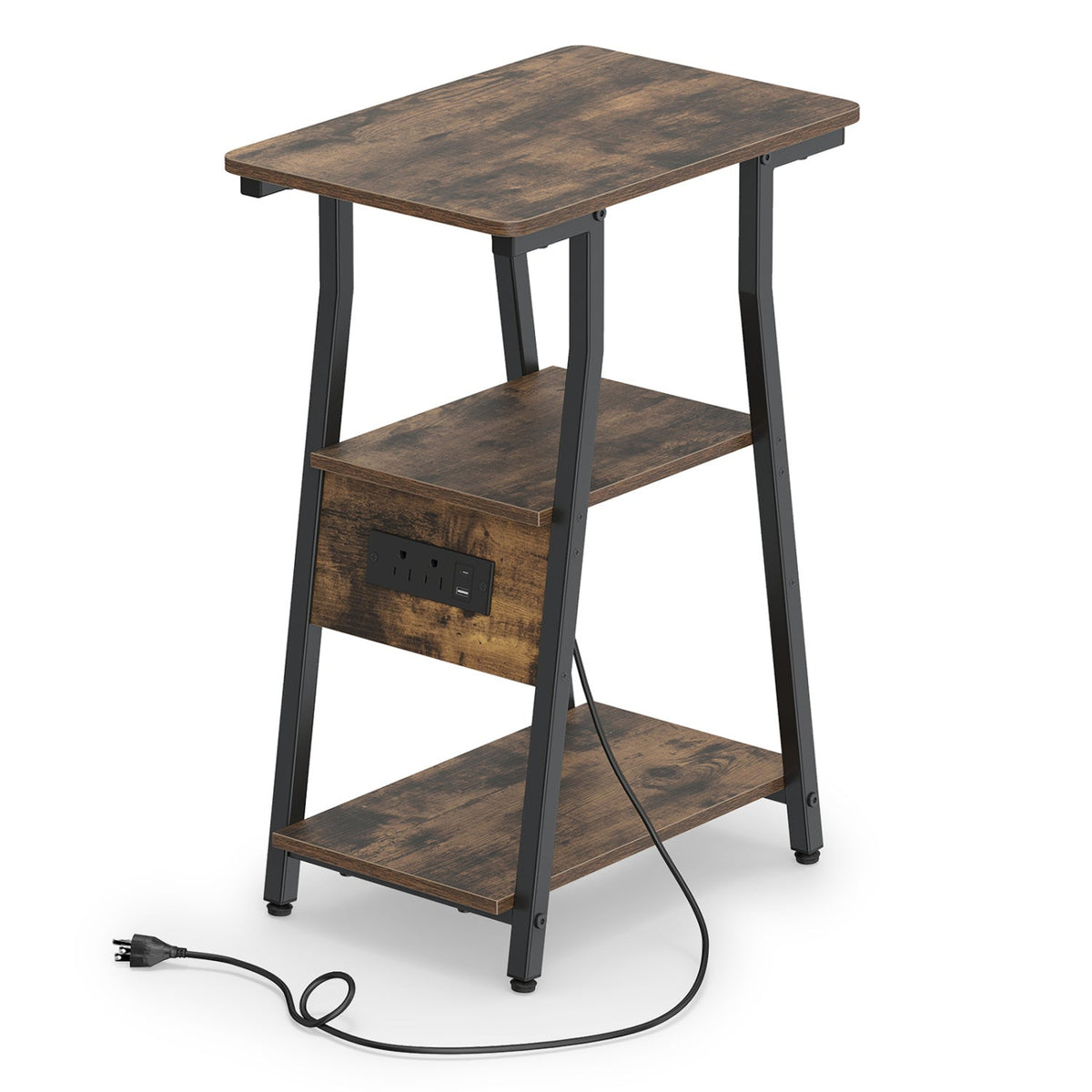 Industrial side table with rustic tabletop, dark legs, 3-tier shelves, and power cord.