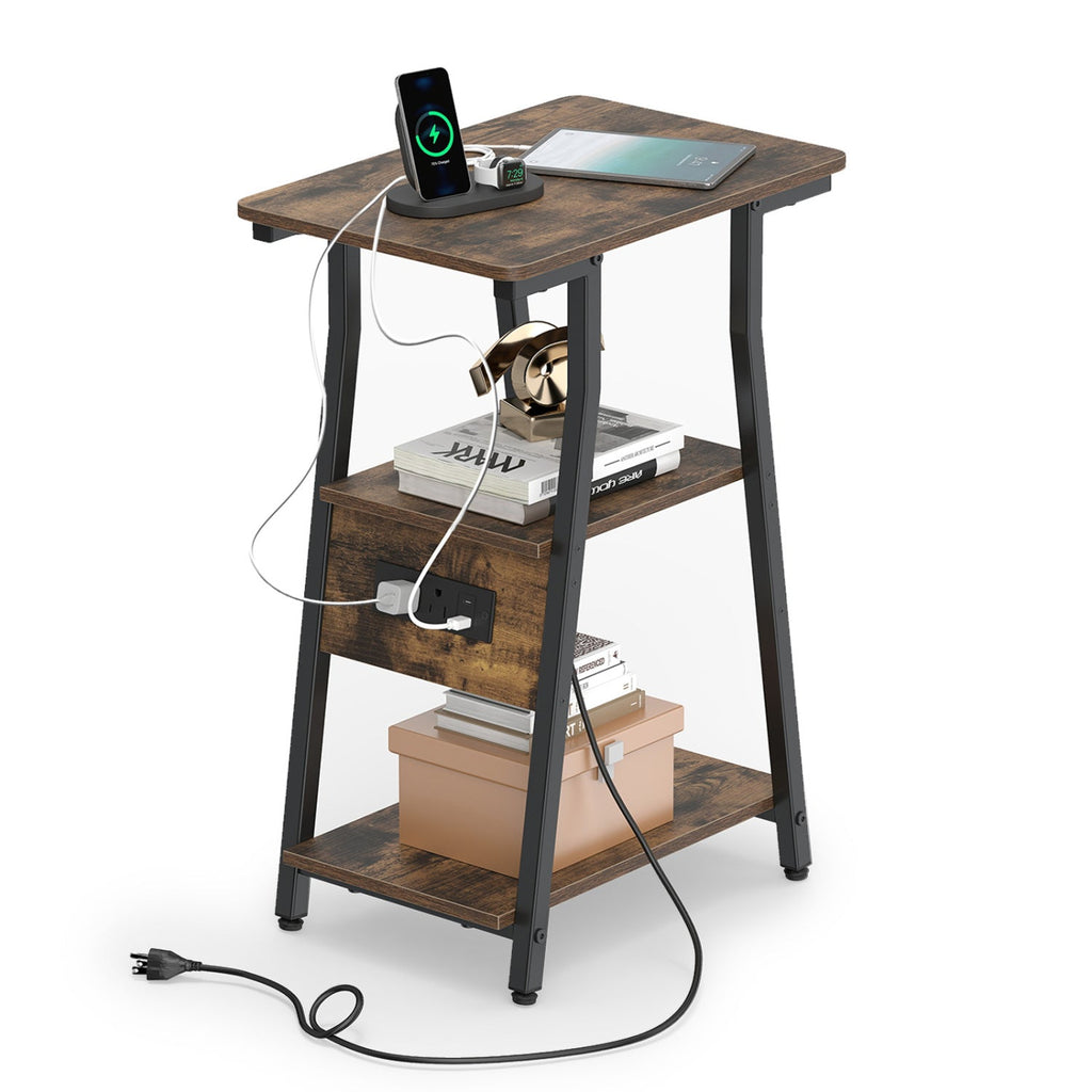 Industrial side table with charging ports on tabletop and 3-tier storage shelves.