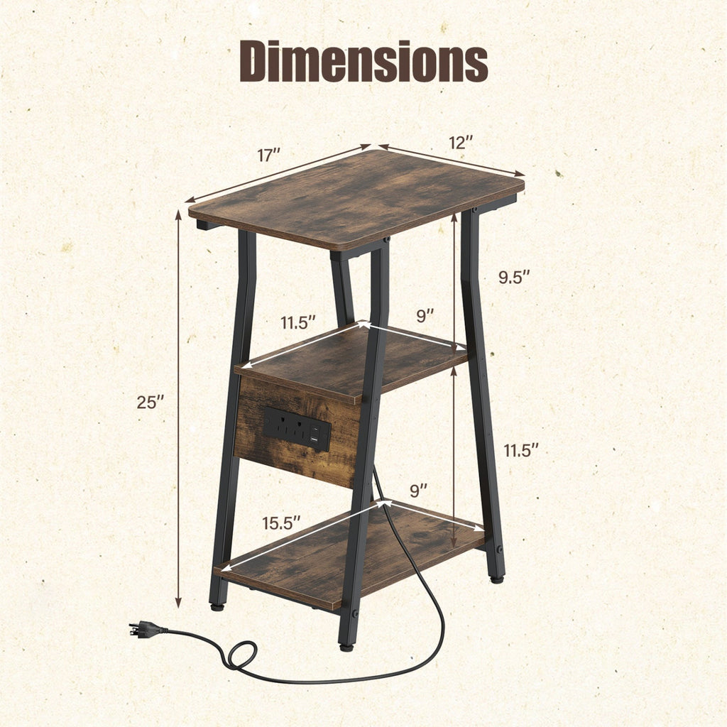 Industrial side table with rustic top and 3-tier shelves, showing charging cord connection.
