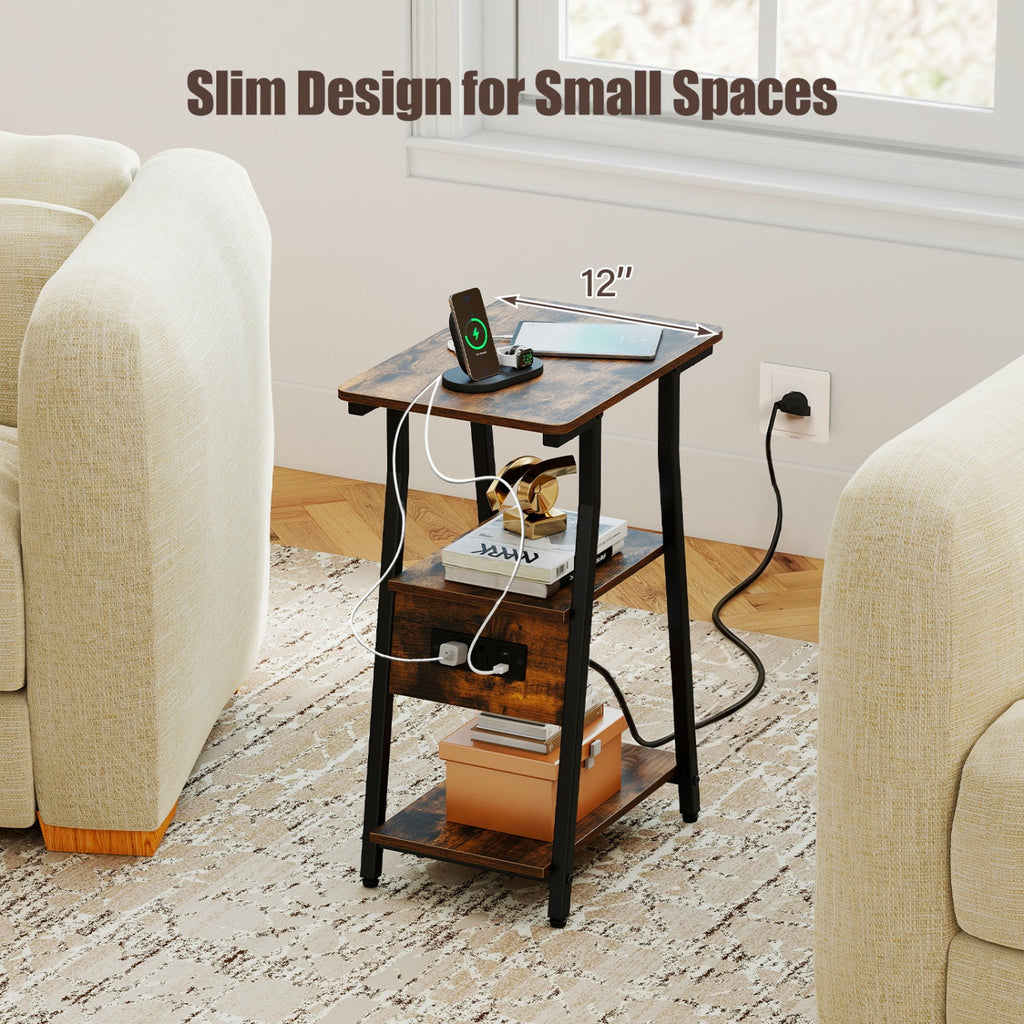 Industrial side table with rustic top, 3-tier shelves, and side-mounted power outlets.