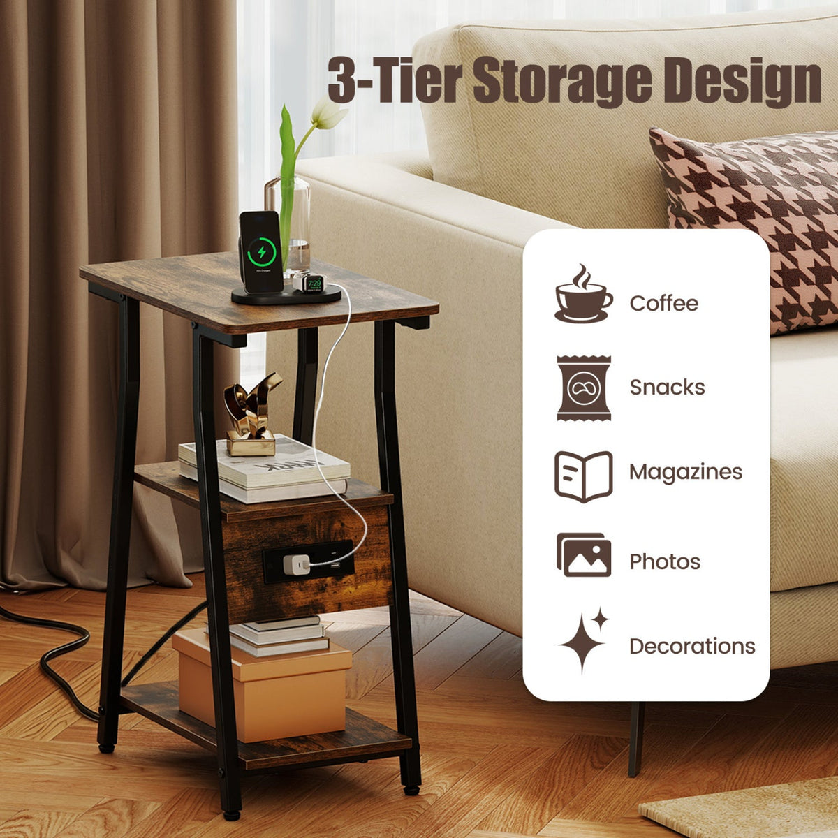 Industrial side table with charging station on top and 3-tier storage for everyday items.