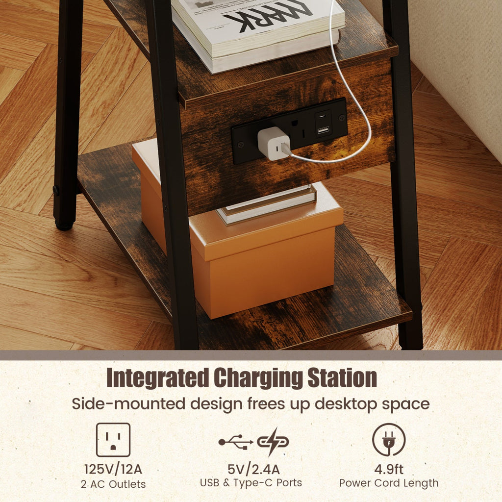 Industrial side table charging panel with USB ports and outlet on rustic shelf.