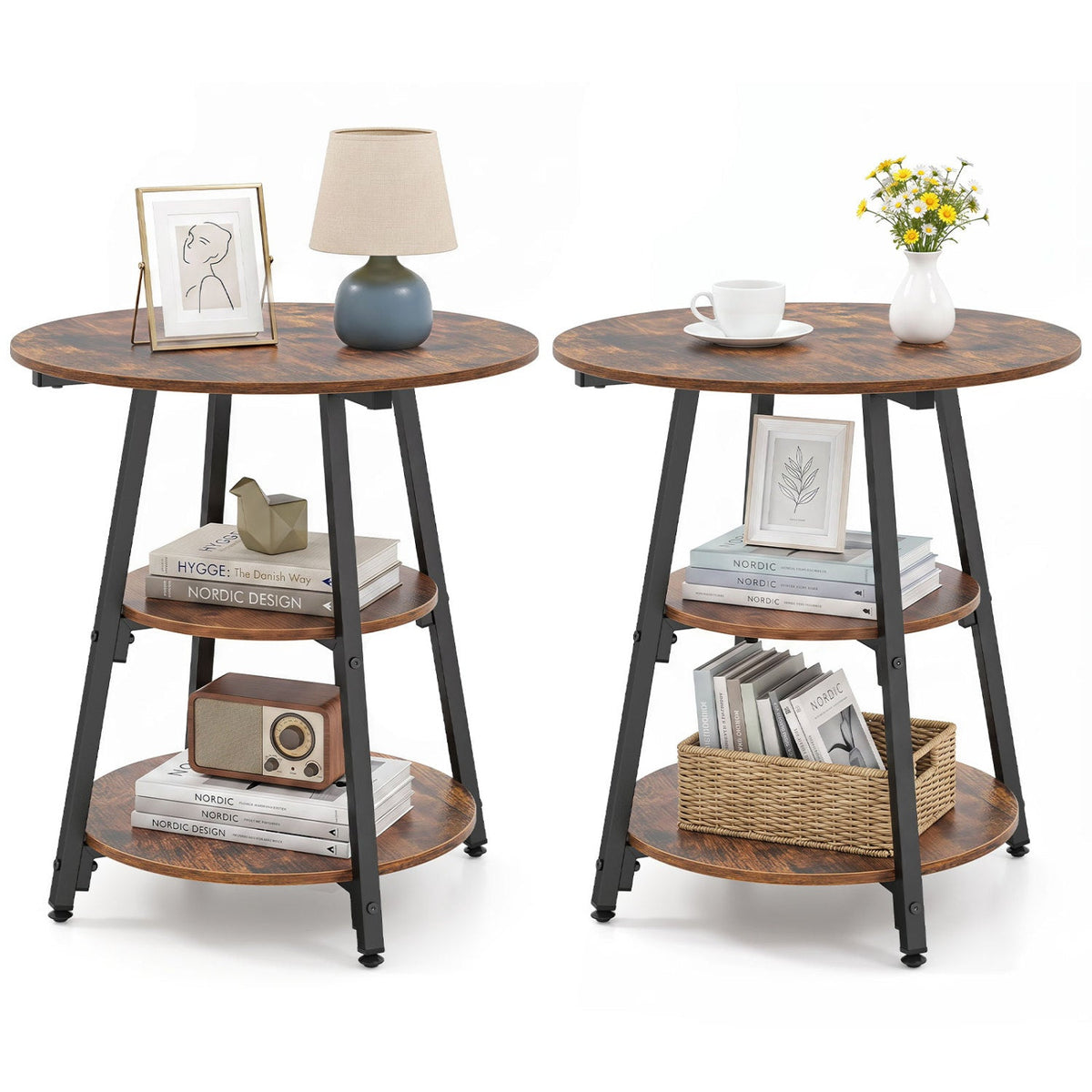 Pair of round industrial side tables, dark wood tops and black metal 3-tier frames