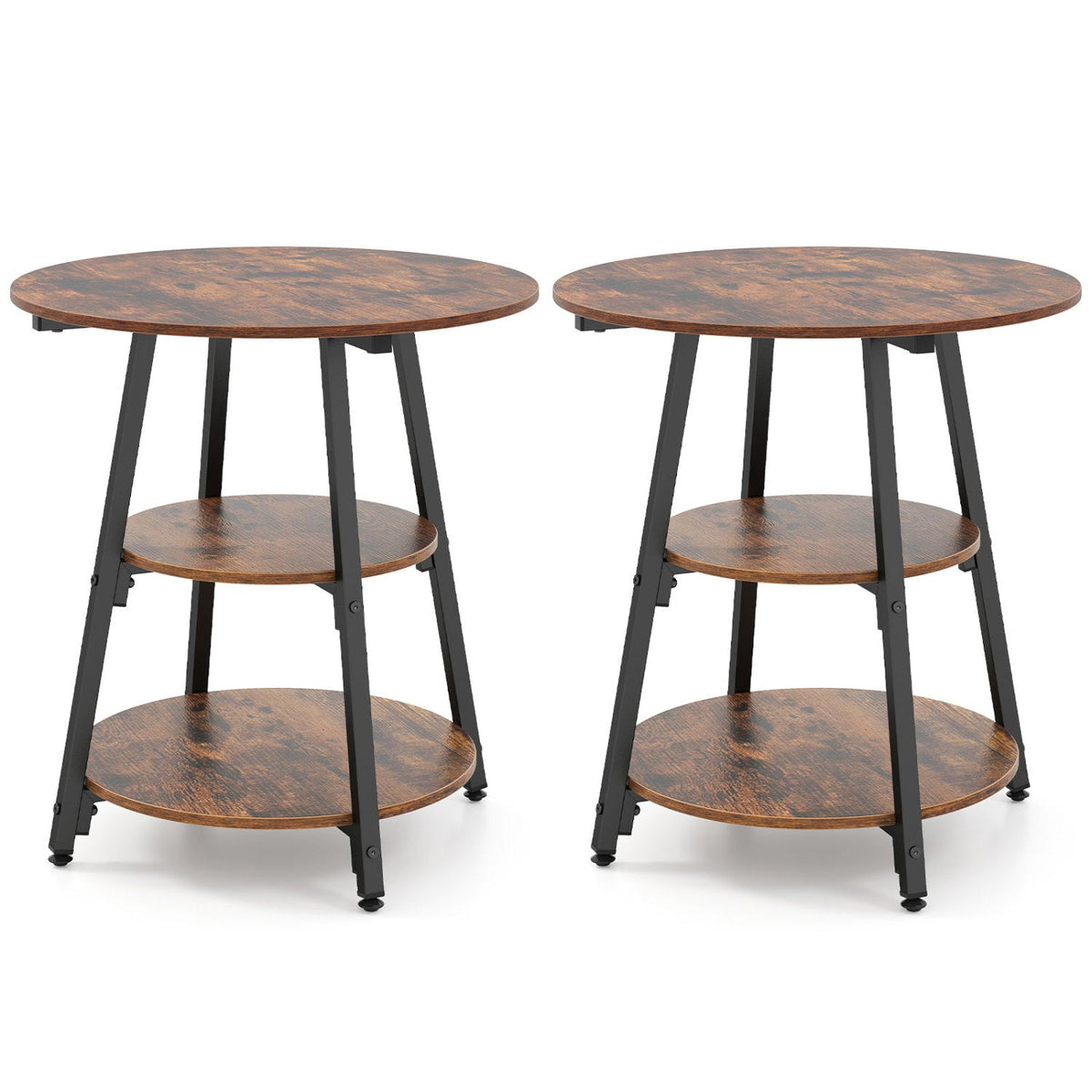 Set of 2 round side tables with rust-brown wood finish and black metal shelves