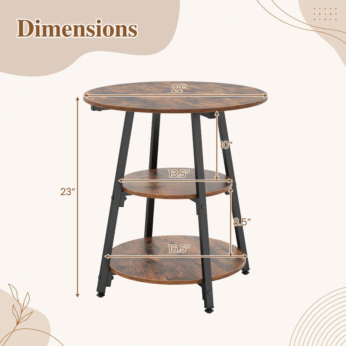 Industrial round side table with dark wood 3-tier shelves and black steel legs