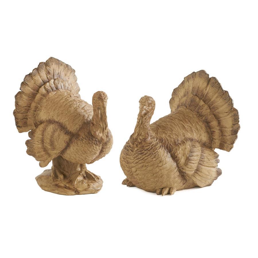 Set of 2 resin turkeys, brown pair on a white background, full-body view