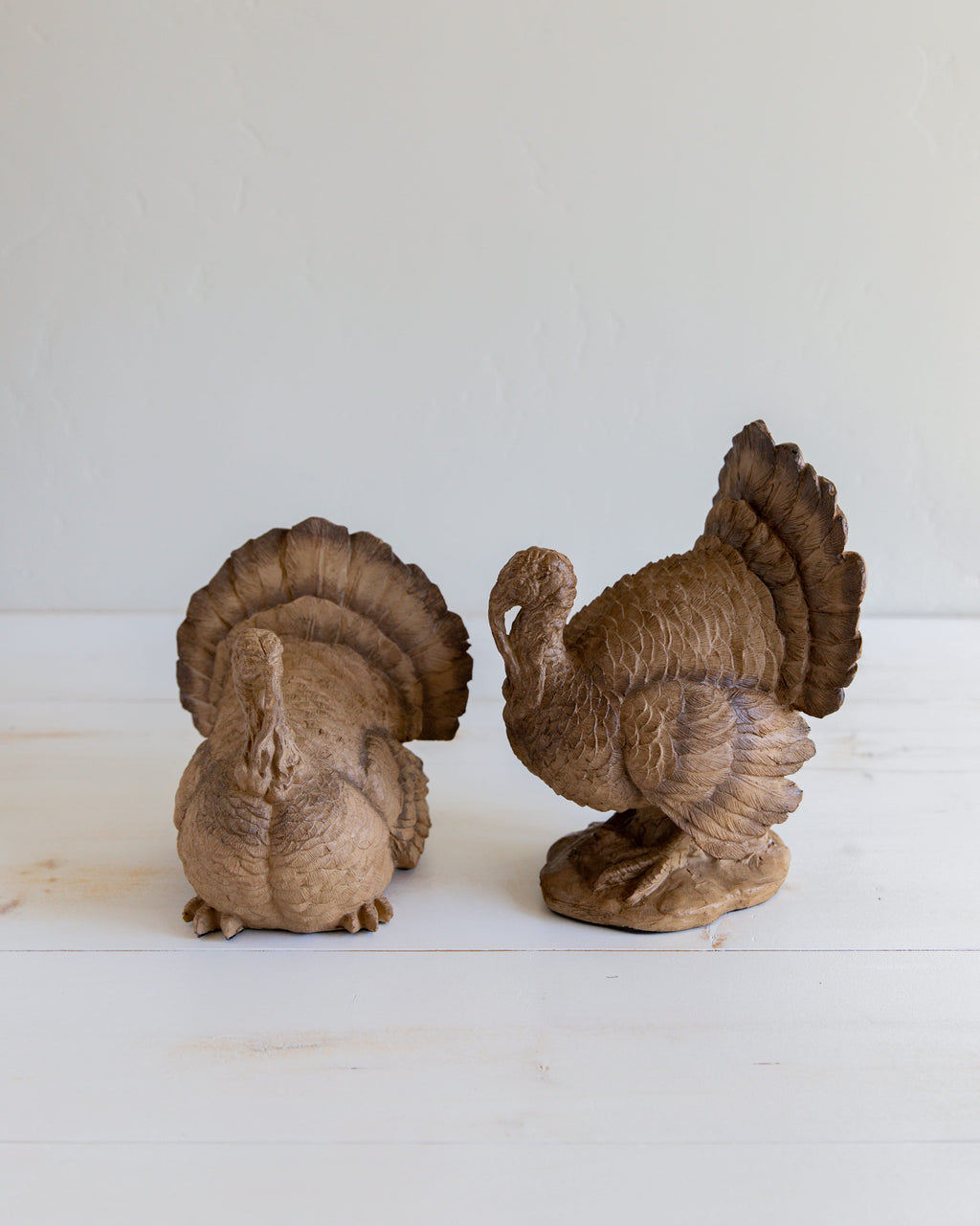 Set of 2 resin turkeys, brown side views with textured feather details