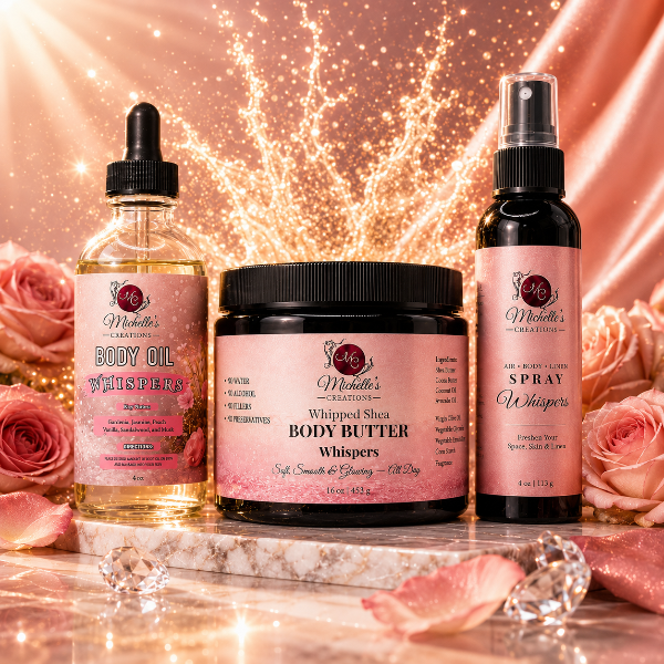 Whispers body oil, whipped body butter jar, and air-body spray (3-piece set)