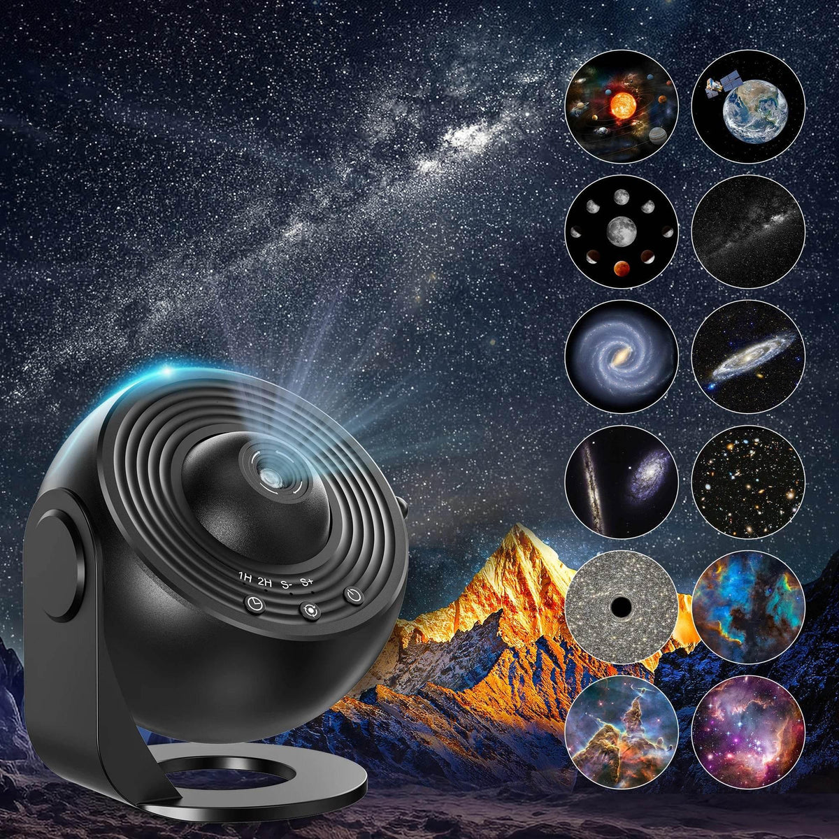 Black star projector on stand with 13 rotating planet film disc designs shown