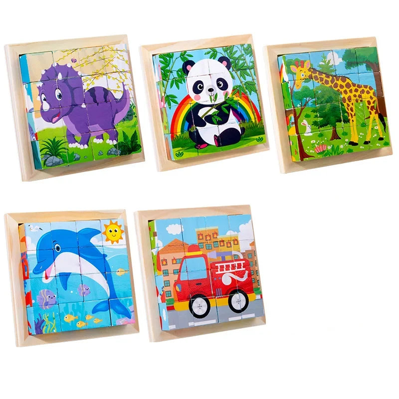 Wooden matching puzzle blocks set in frames with panda, giraffe, dolphin, and truck designs