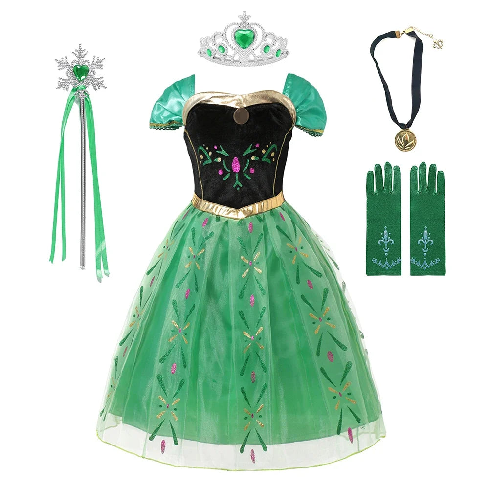 Kids green princess-style dress with black velvet top, gold trim, and decorated tulle skirt