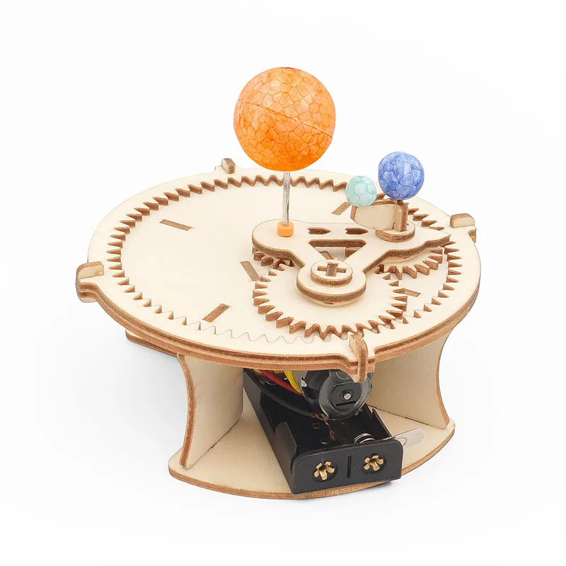 Solar system wooden puzzle kit with beige gears and orange and blue planet spheres