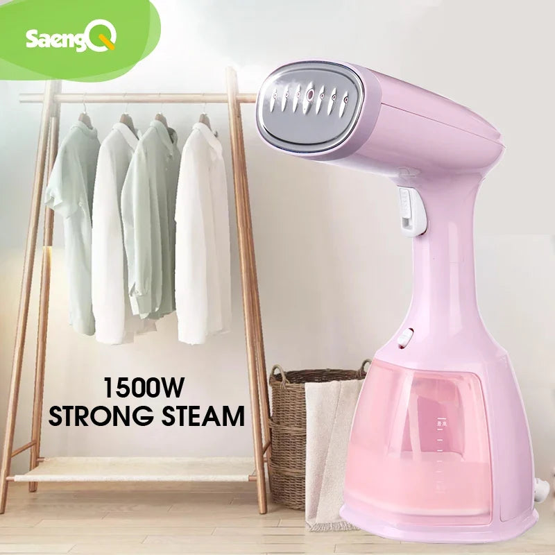 Pink handheld garment steamer with steam outlets and water tank for vertical steaming