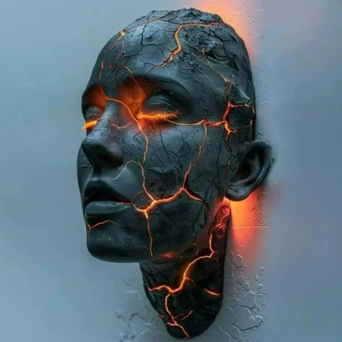 Side view of black resin face wall lamp with glowing orange crack lines and warm light
