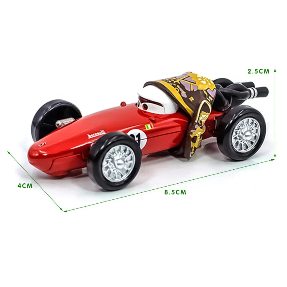 Red diecast open-wheel race car toy with gold accents, side view.