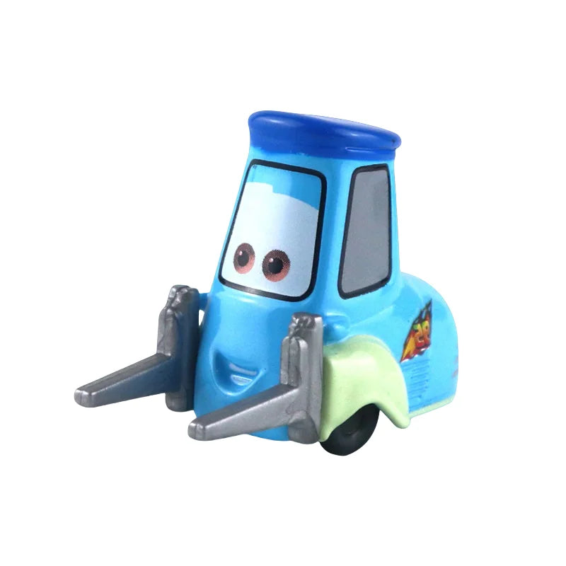 Diecast race car model, blue character pickup truck with silver front bar