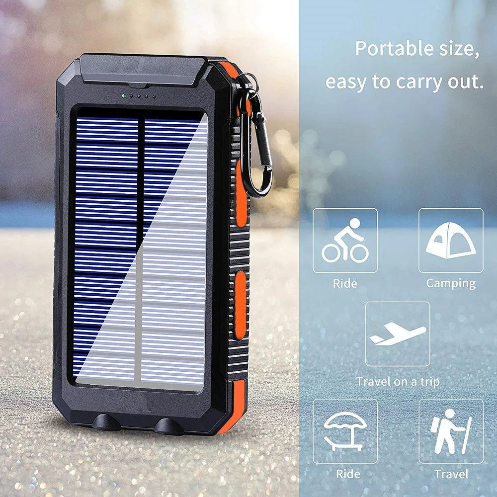 Compact solar power bank with built-in solar panel and carry strap, dark gray and orange