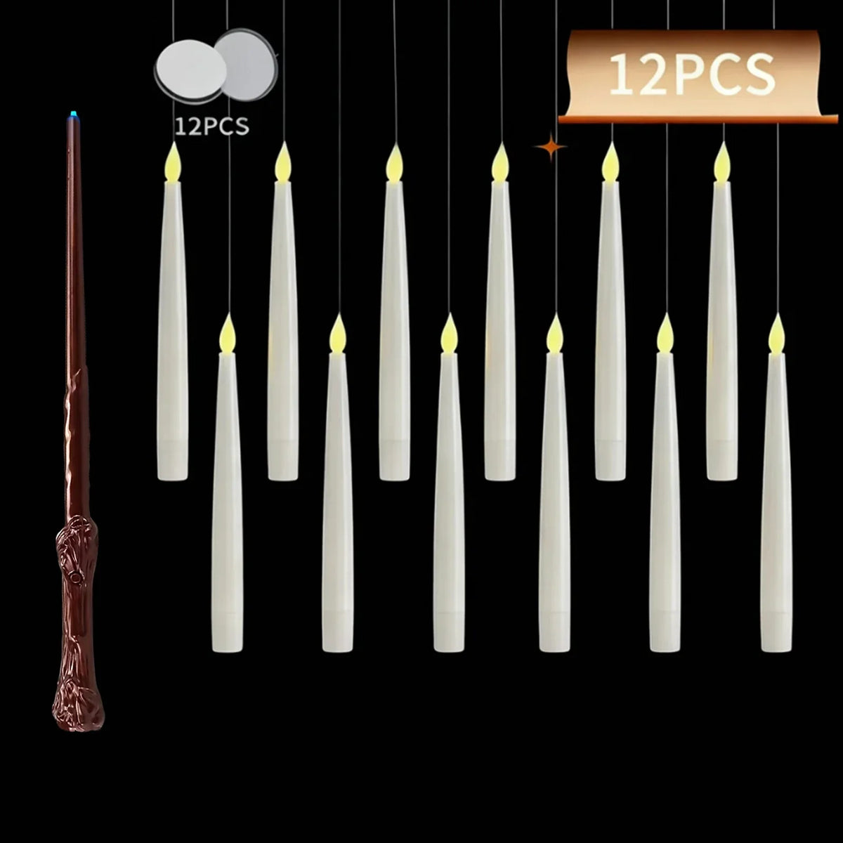 Pack of 12 LED floating candles, white holders with yellow flicker tips