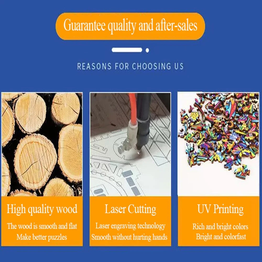 Wooden cat jigsaw puzzle quality graphic showing wood, laser cutting, and UV printing