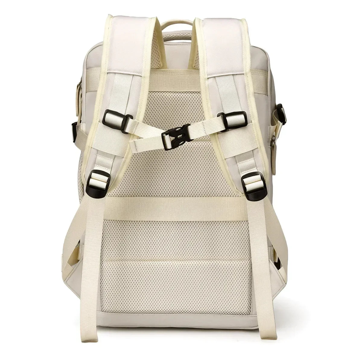 White backpack with breathable mesh back panel and adjustable shoulder straps