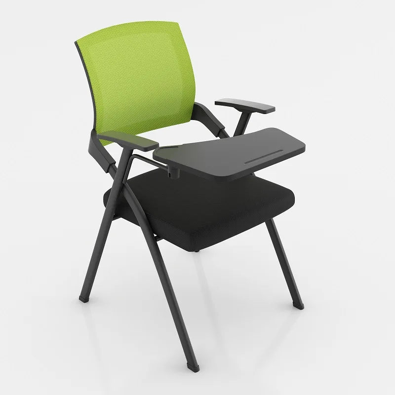 Foldable training chair with desk board, lime green mesh back, black seat, black tabletop.