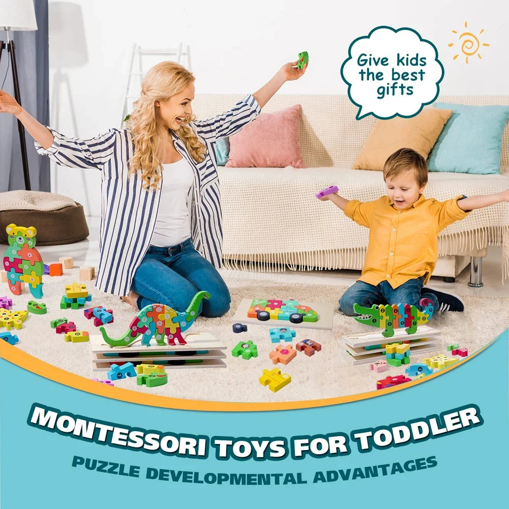 Montessori-style wooden animal puzzles with numbered pieces on the floor