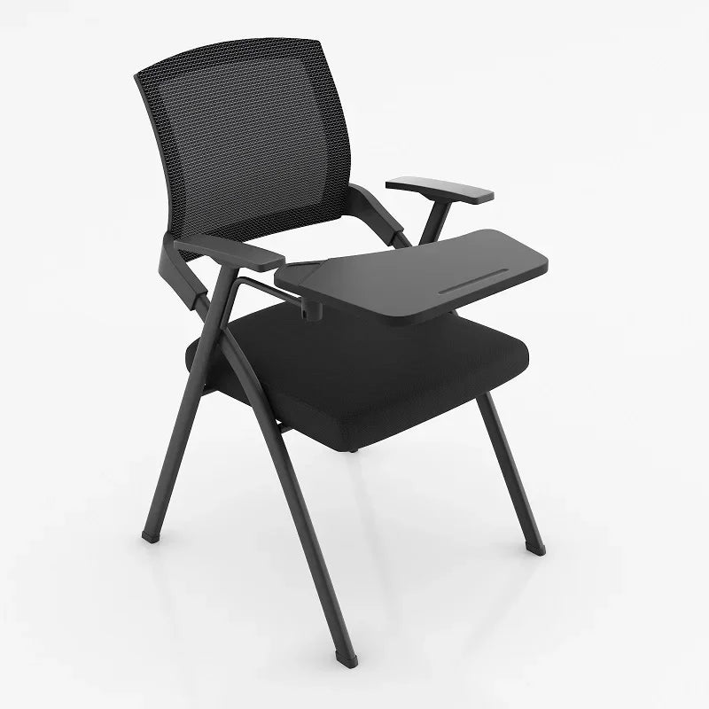 Foldable training chair with desk board, black seat and mesh back, raised tabletop for writing.