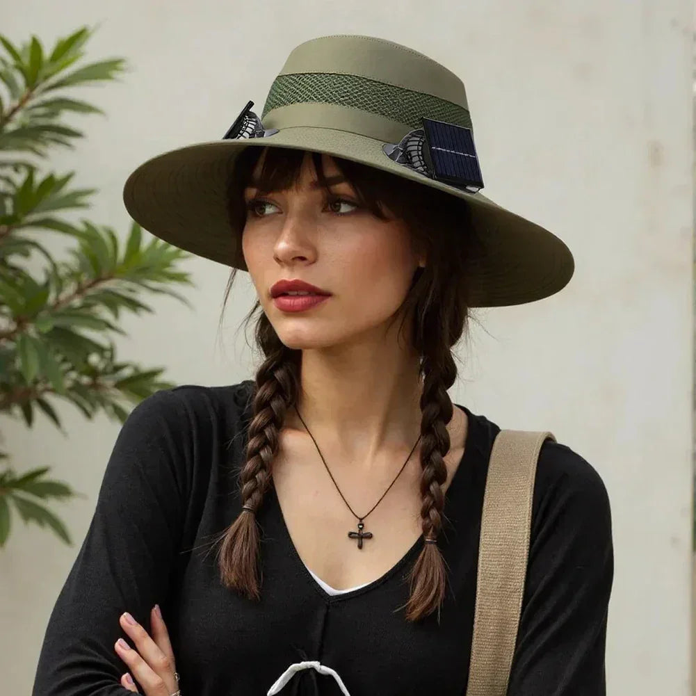 Wide-brim solar fan fisherman hat in olive green with two side solar panel fans