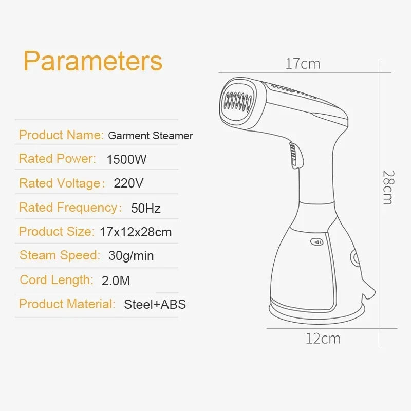 Garment steam iron dimensions diagram showing nozzle and 17 cm length