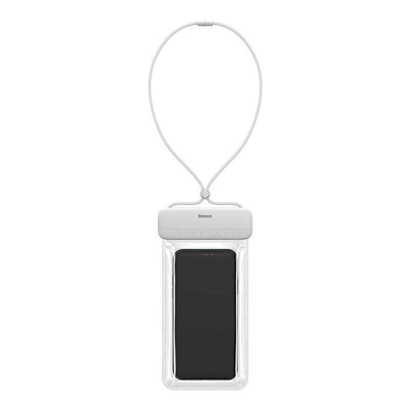White waterproof phone pouch with clear window and white neck lanyard