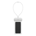 White waterproof phone pouch with clear window and white neck lanyard