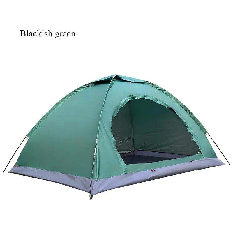 Blackish green dome camping tent with arched entrance and dark mesh window