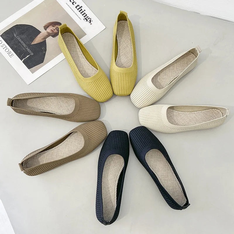 Women's knit flat shoes assortment, beige, yellow, khaki, black, navy, cream