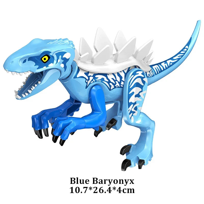 Blue and white dinosaur building block figure with spiky crest and open jaws