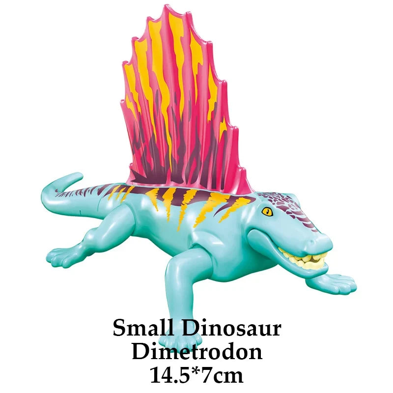 Teal and pink dimetrodon dinosaur building block figure with tall striped sail