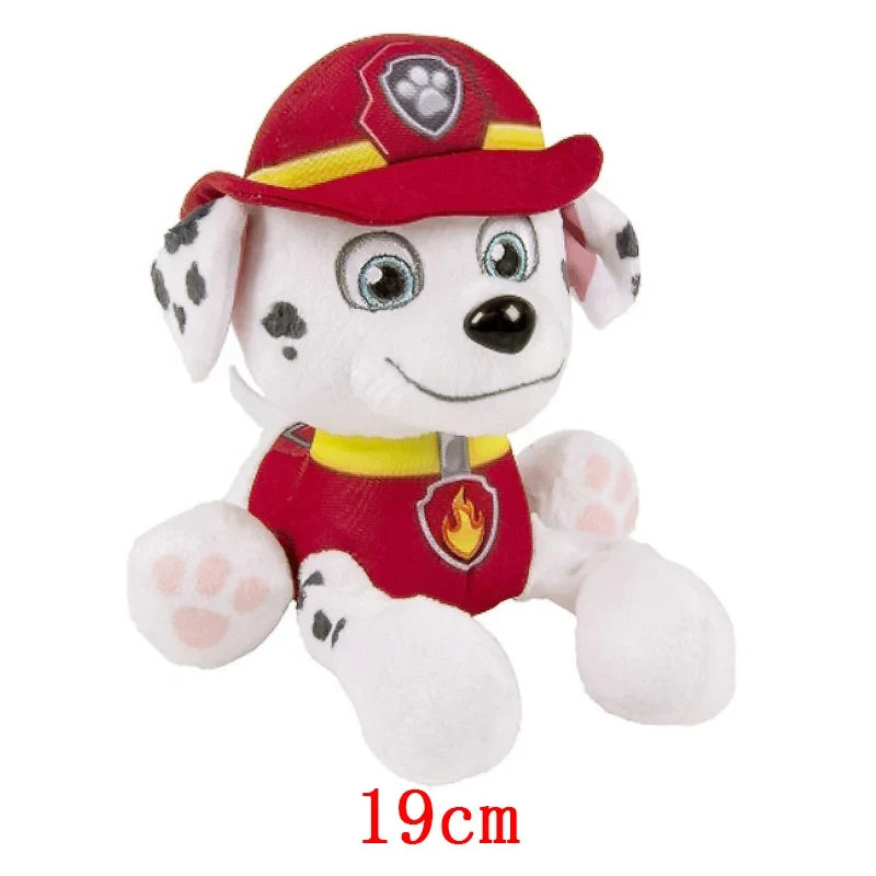 Plush dog toy in red fire uniform and helmet cap, 19cm