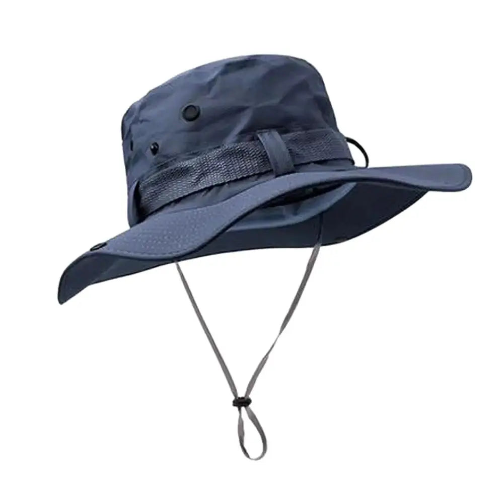 Blue wide-brim bucket hat with chin cord, side brim view on white