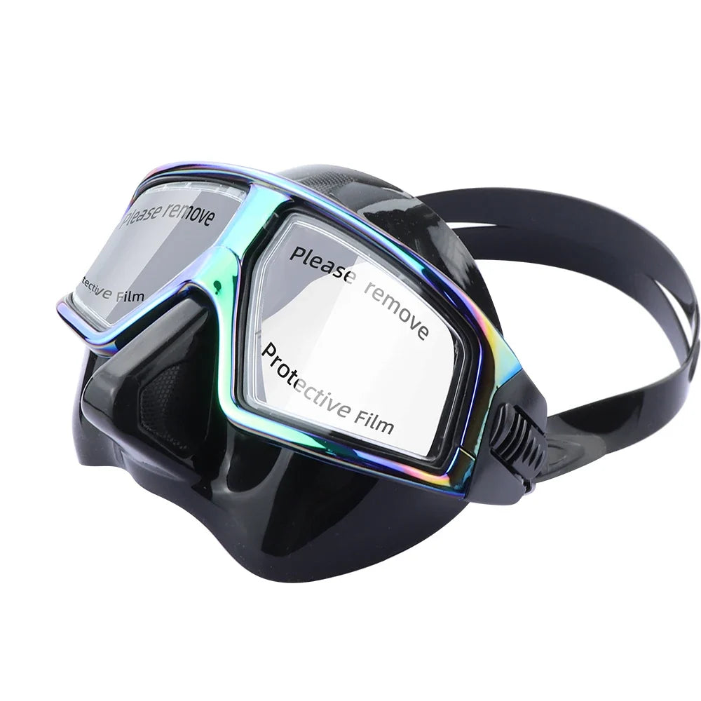 Black silicone scuba diving mask goggles with iridescent tempered glass lenses and anti-fog design