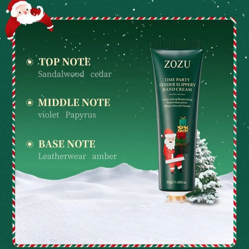 Hand cream set card with ZOZU tube standing on snow and fir decorations