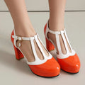Women's color-block heeled buckle shoes, round toe, white straps, square red heel