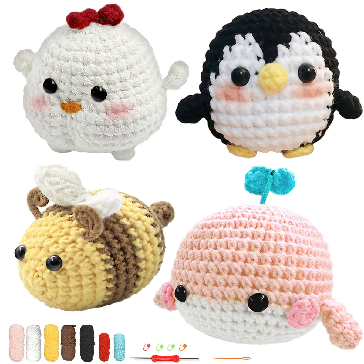 Crochet animal figures set with white chick, penguin, bear, and pink seal