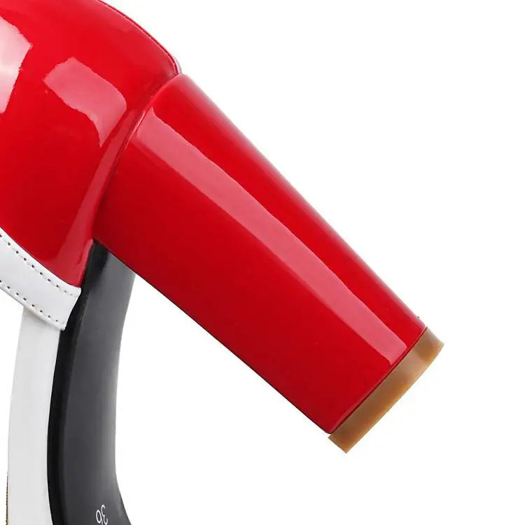 Red chunky high-heel with glossy finish and white trim at the upper edge