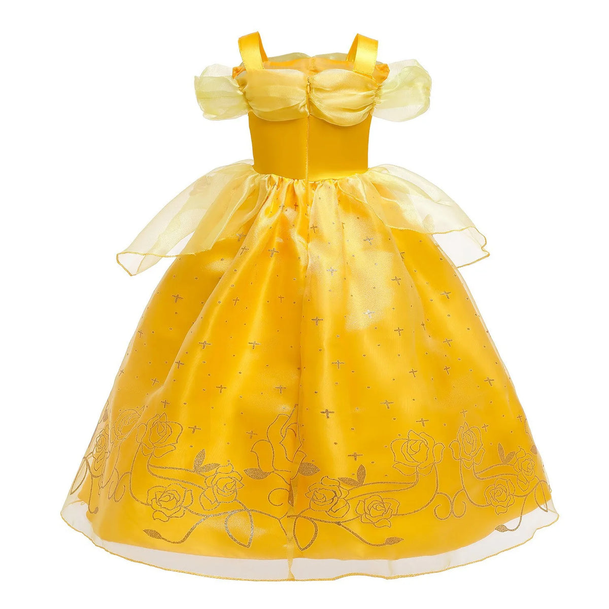 Yellow princess cosplay dress for kids with off-shoulder bow, gathered tulle skirt, and embroidered hem
