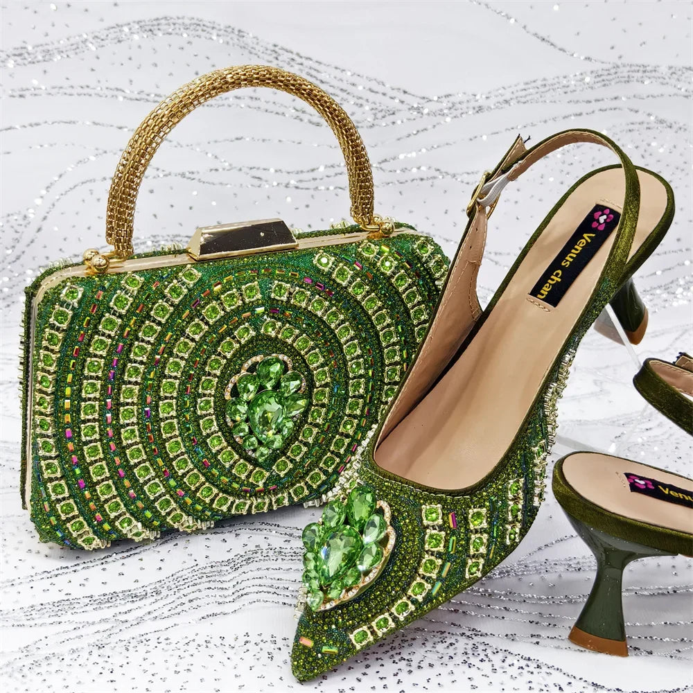 Green rhinestone pointed-toe slingback wedding heels with matching beaded handbag set