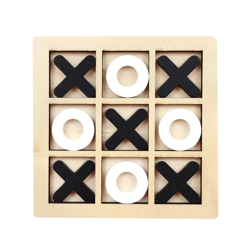 Wooden tic-tac-toe puzzle board with black X and white O pieces in 3x3 grid