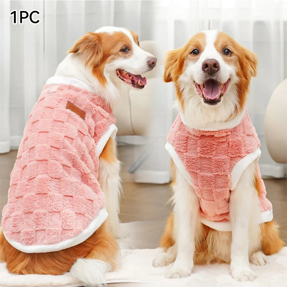 Fleece dog pullover sweater in pink with brown patch label and white trim