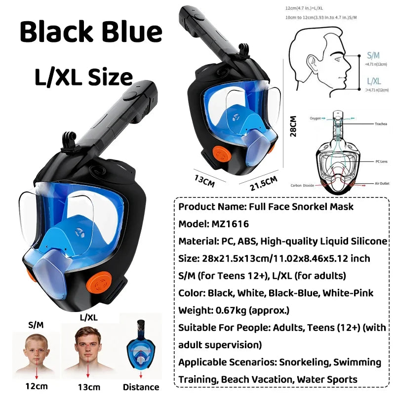 Full face snorkel mask, black frame with blue visor, L/XL size